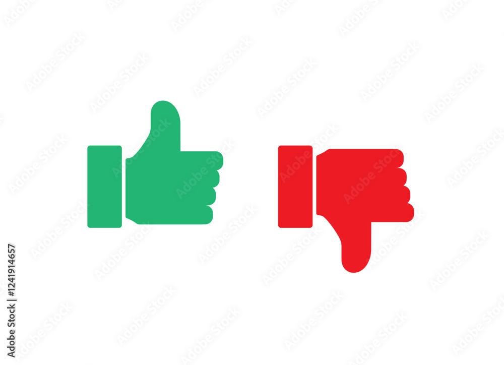 Green and red thumbs up and thumbs down icon flat design. Vector illustration. Green and red thumbs up and thumbs down icon flat design. Vector illustration.