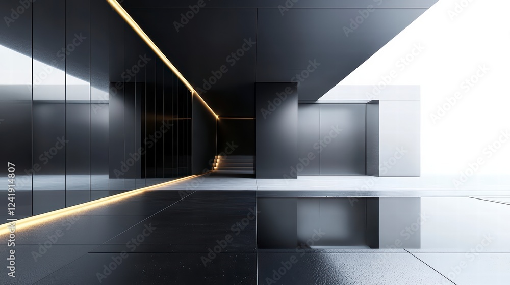 Obraz premium Modern Minimalist Interior: An abstract architectural space with sleek black reflective walls, glowing lines of light, and minimalist design elements.