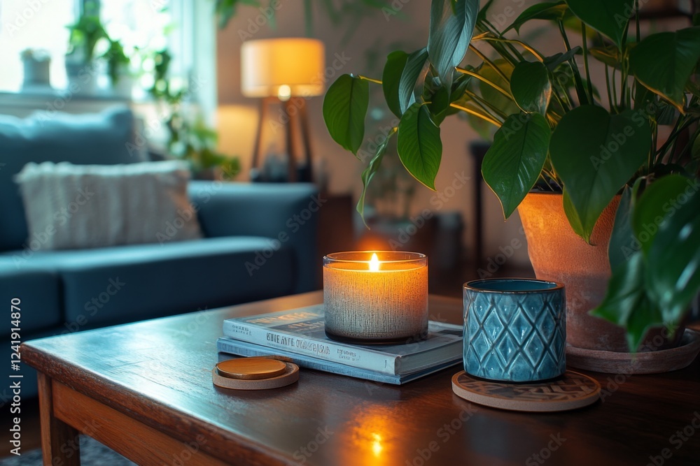 Cozy living room with soft lighting and indoor plants Cozy living room with soft lighting and indoor plants
