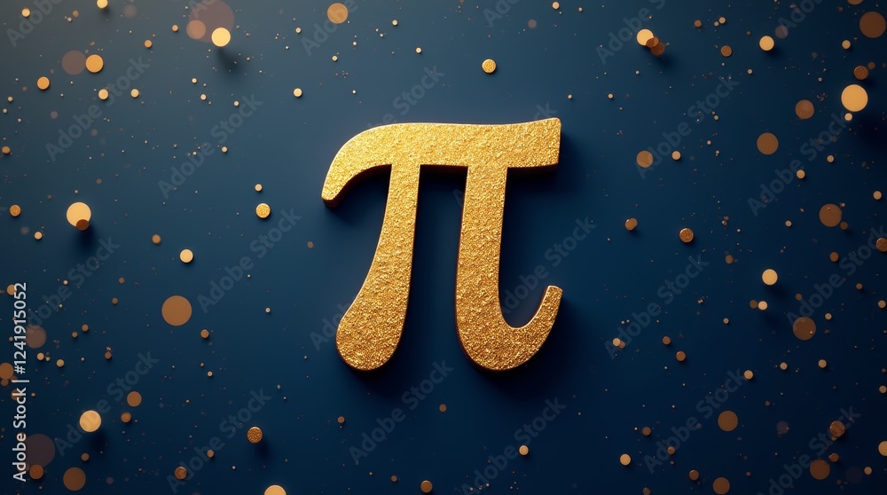 Naklejka premium Pi Day greeting card with a gold three-dimensional Pi symbol on a dark blue festive background with glitter 