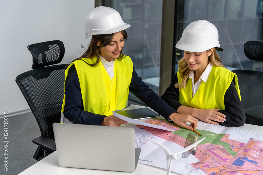Two female engineers looking involved and excited while working together on the project Two female engineers looking involved and excited while working together on the project