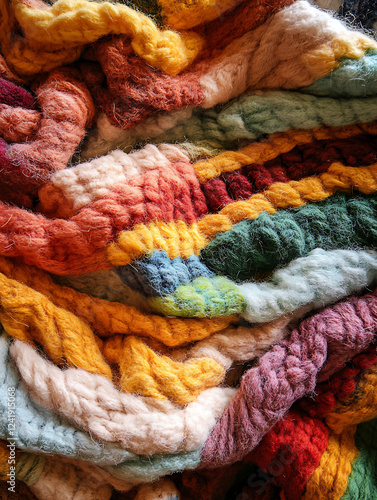 A vibrant and cozy knitted blanket in various colors, perfect for adding warmth and texture to any living space. Ideal for home decor, relaxation, and creating a warm atmosphere. photo