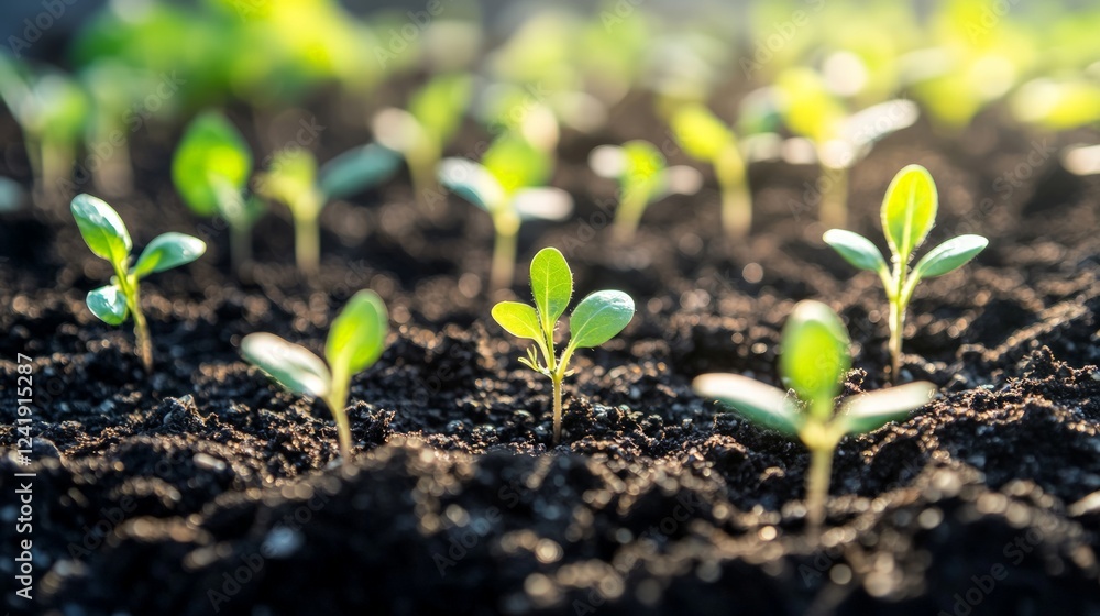 Fresh Green Seedlings Growing in Rich Soil Under Soft Sunlight Fresh Green Seedlings Growing in Rich Soil Under Soft Sunlight