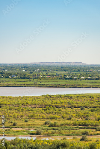 View of the Turkmenistan and Uzbekistan border with the Amu Darya river photo