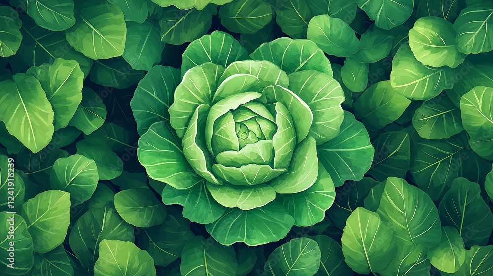 Fototapeta premium A vibrant green cabbage rests at the center of rich green leaves, showcasing its freshness and healthy growth in a thriving garden setting