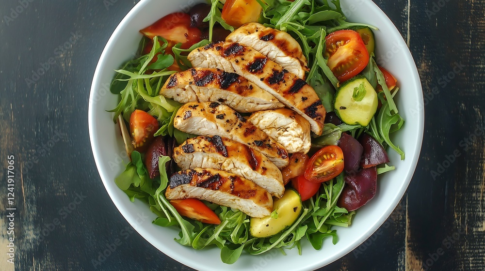 Grilled chicken breast and vegetable salad healthy lunch option Top view Grilled chicken breast and vegetable salad healthy lunch option Top view