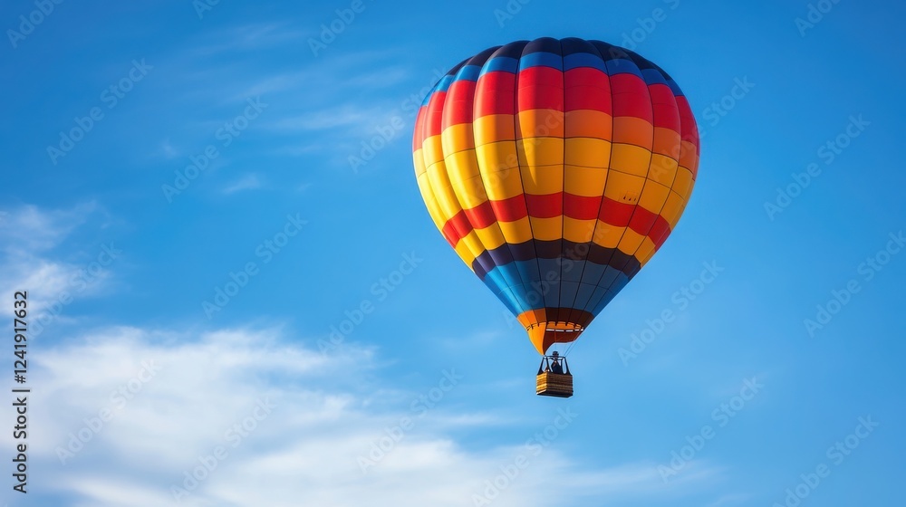 A vibrant hot air balloon gracefully soars through a clear blue sky, showcasing its bright colors against a stunning backdrop. A vibrant hot air balloon gracefully soars through a clear blue sky, showcasing its bright colors against a stunning backdrop.