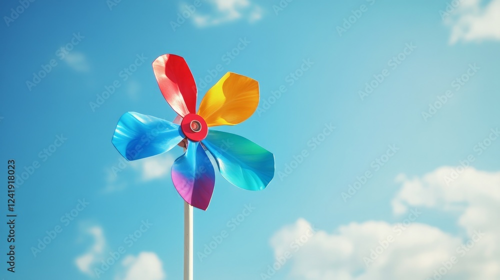 Colorful Pinwheel Against a Bright Blue Sky with Soft Clouds Colorful Pinwheel Against a Bright Blue Sky with Soft Clouds