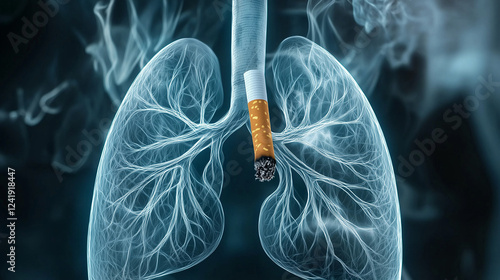 A close-up of semi-transparent lungs filled with swirling cigarette smoke, the toxic fumes visibly damaging the lung tissue, emphasizing smoking-related health risks. photo