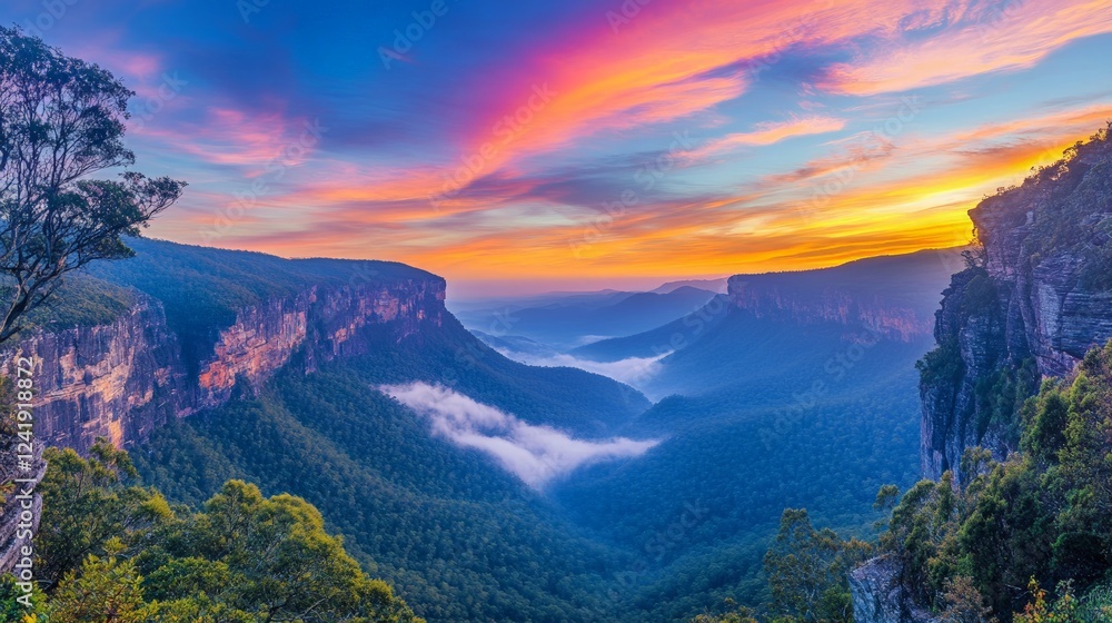 Obraz premium Majestic Sunset Over Serene Mountain Valley with Vibrant Colors
