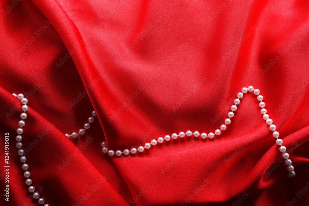 Fototapeta premium Beautiful pearl necklace on red cloth, top view