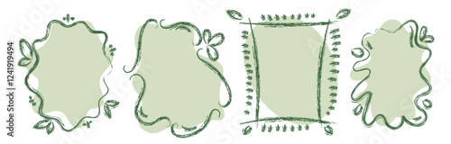 Сrayon frame with hand-drawn pastel flower with leaves illustration. Pencil lines, green plant shape, elegant vector border. Spring colors and nature elements with chalk texture in handwritten design