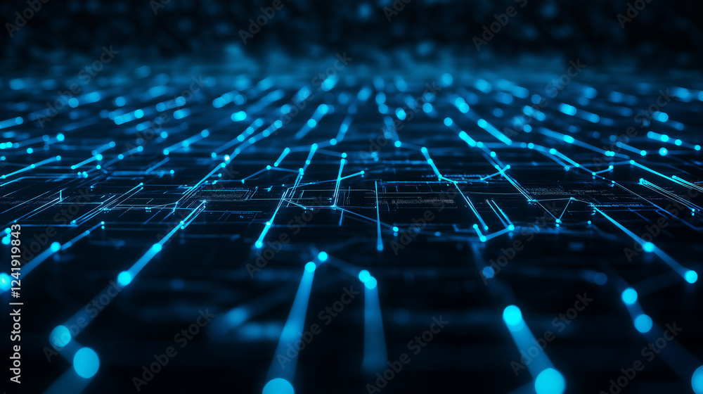 Obraz premium A glowing blue matrix of interconnected digital folders, with data packets visibly moving through transparent pipelines, representing seamless file organization and storage.