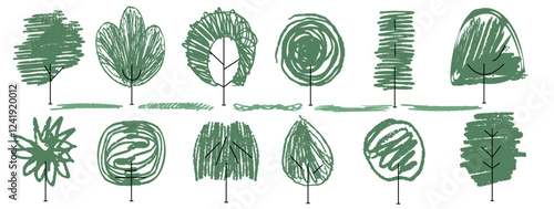 Green tree silhouette simple flat vector illustration. Bush, shrub, grass. Abstract design using pencil or crayon brush stroke, organic, nature landscape icon. Eco element, foliage silhouette, ecology