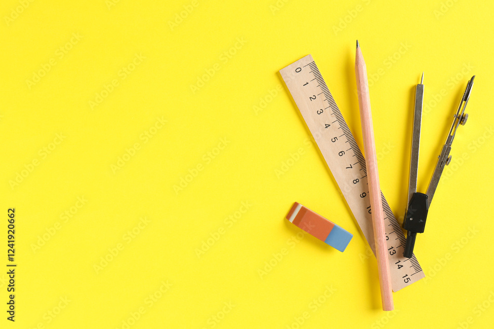 Ruler, pencil, eraser and compass on yellow background, flat lay. Space for text Ruler, pencil, eraser and compass on yellow background, flat lay. Space for text