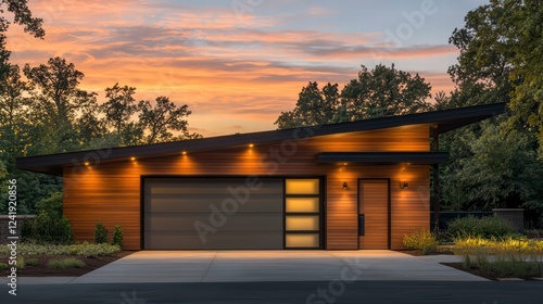 Modern Garage Design at Sunset: A sleek, contemporary garage design features warm-toned wood siding, a dramatic angular roofline, and recessed lighting, all set against a vibrant sunset backdrop.  photo