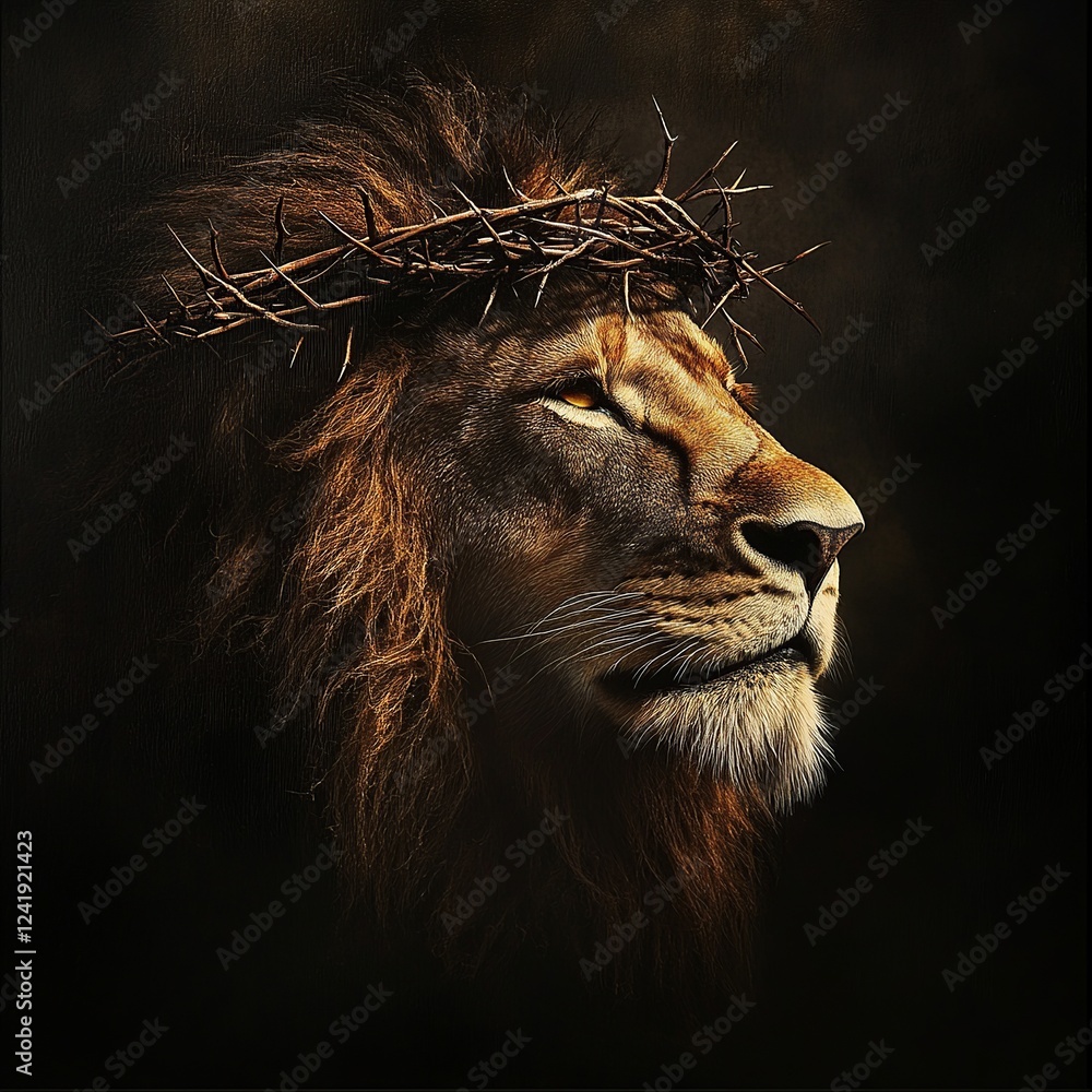 Naklejka premium A noble lion gazes towards the horizon, symbolizing Jesus with a luminous cross subtly reflected in its eyes, conveying a powerful message of hope and faith.