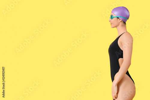 Young female swimmer on yel...