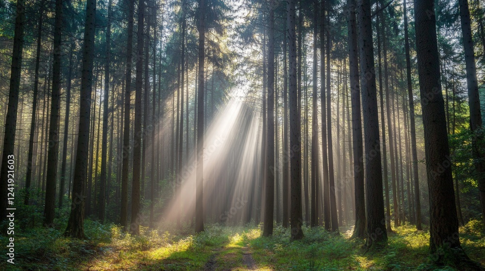 Sunlight Beams Through Tall Trees in Serene Forest Landscape Sunlight Beams Through Tall Trees in Serene Forest Landscape