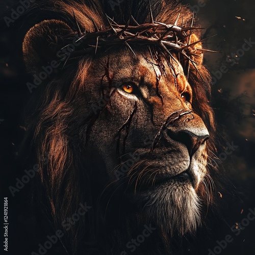 A noble lion gazes towards the horizon, symbolizing Jesus with a luminous cross subtly reflected in its eyes, conveying a powerful message of hope and faith.

 photo