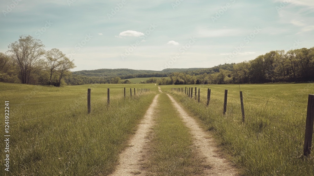 Rural dirt road through grassy field, hills in background; idyllic landscape Rural dirt road through grassy field, hills in background; idyllic landscape