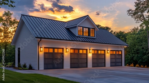 Modern Farmhouse Garage at Sunset: A charming, modern farmhouse garage bathed in the soft glow of a sunset. The three-car garage boasts a sleek, metal roof, charming dormer windows, and warm lighting.