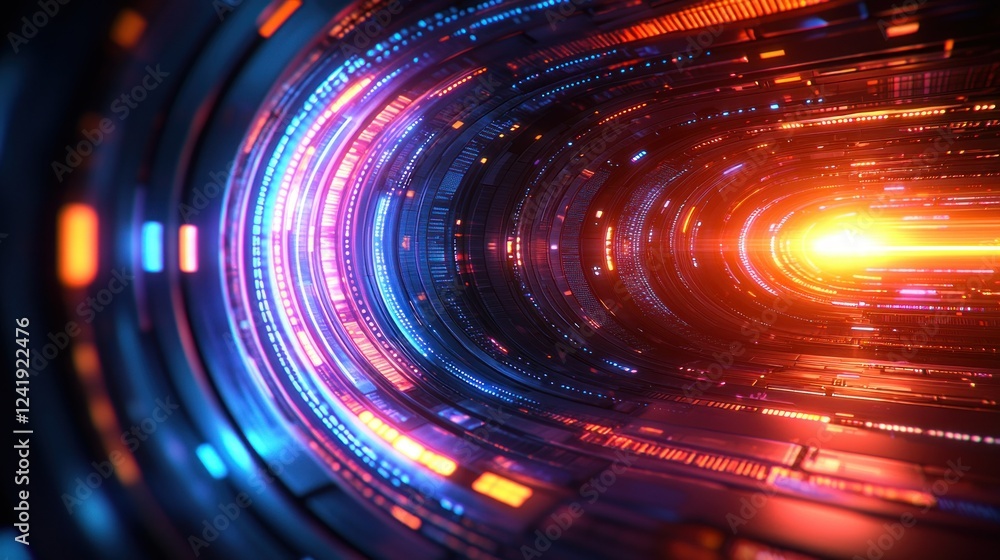 Obraz premium Futuristic tunnel, vibrant lights, digital background, hyperspace travel