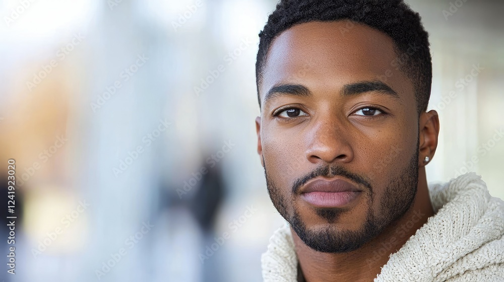Fototapeta premium A young man with a serious expression poses for a portrait