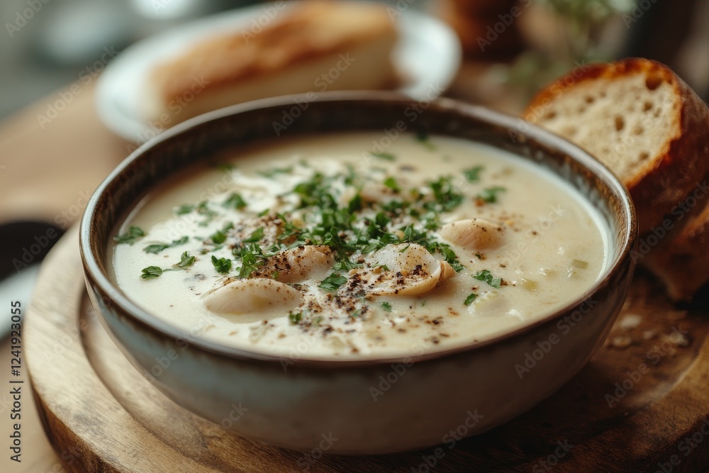 Creamy seafood chowder, bread, close-up Creamy seafood chowder, bread, close-up