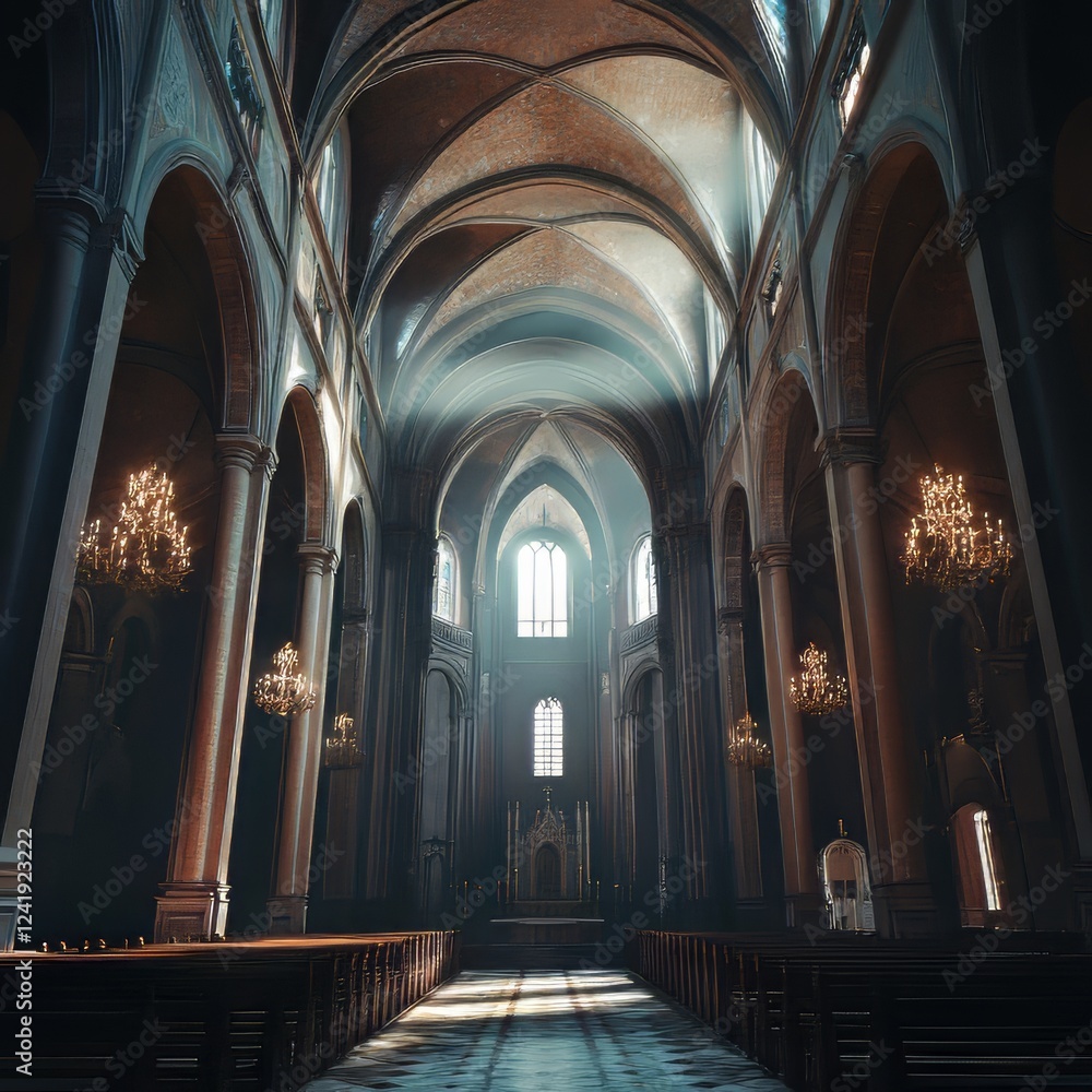 Fototapeta premium Sunlit cathedral interior, awe-inspiring.