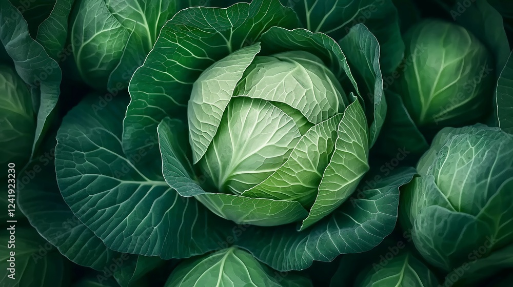 Fototapeta premium A vibrant green cabbage rests at the center of rich green leaves, showcasing its freshness and healthy growth in a thriving garden setting