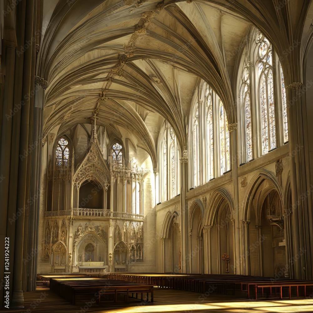 Obraz premium Sunlit Gothic cathedral interior