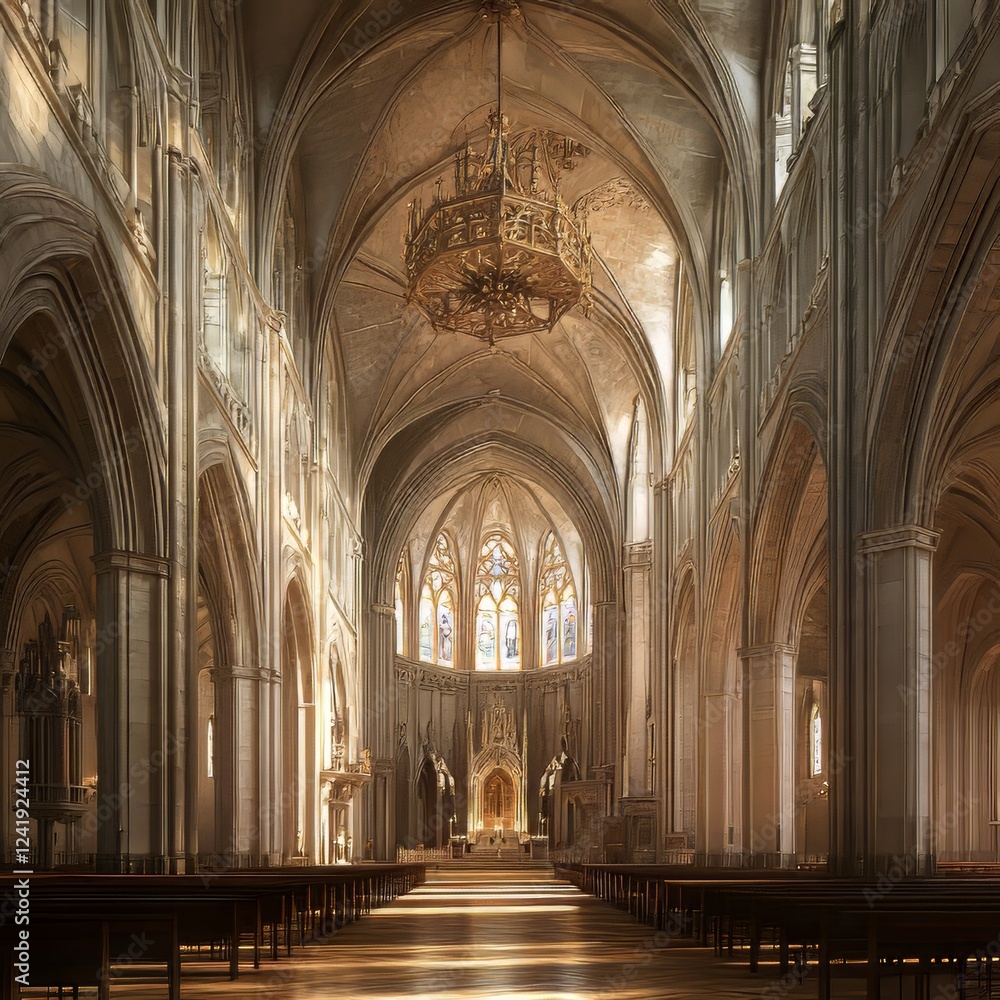 Fototapeta premium Sunlit Gothic Cathedral Interior