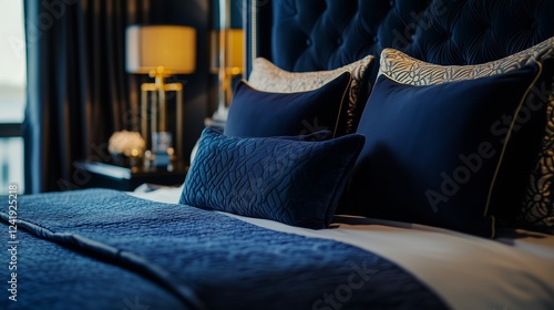 Elegant navy blue-themed bedroom with dark blue pillows and rich textures, sophisticated lighting, cinematic composition