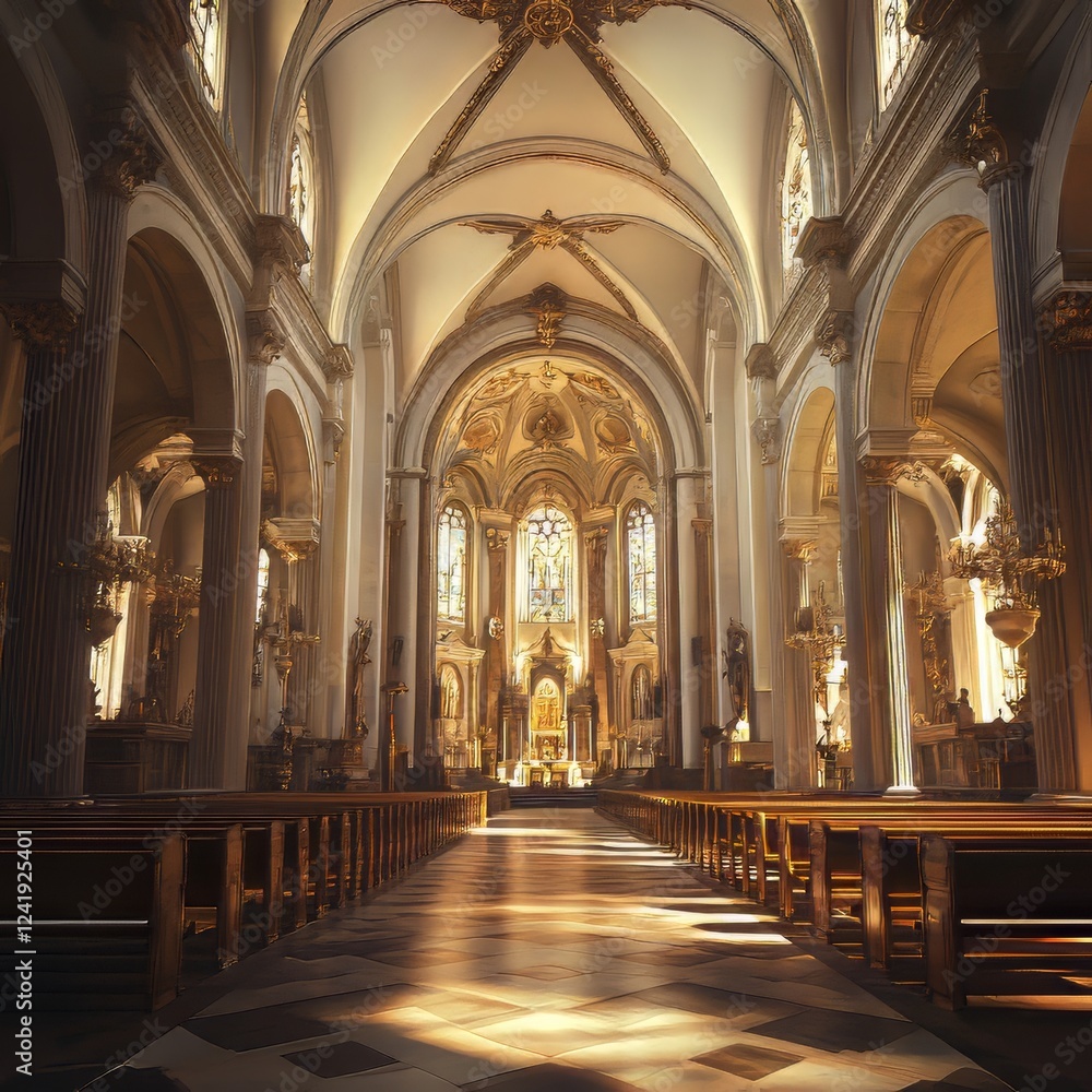 Fototapeta premium Sunlit grandeur of a church interior