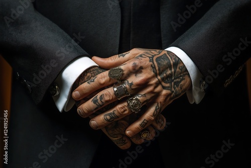 mafia boss showing his hands with tattoos