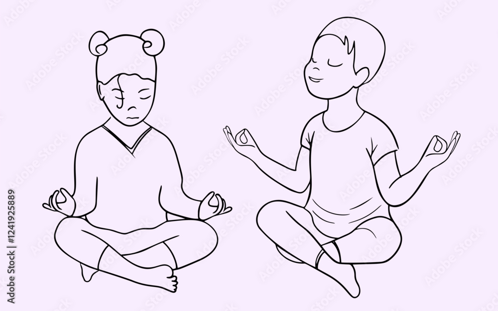 Minimalist vector illustration of two children in a meditation lesson in linear style. Yoga, lifestyle. Minimalist vector illustration of two children in a meditation lesson in linear style. Yoga, lifestyle.