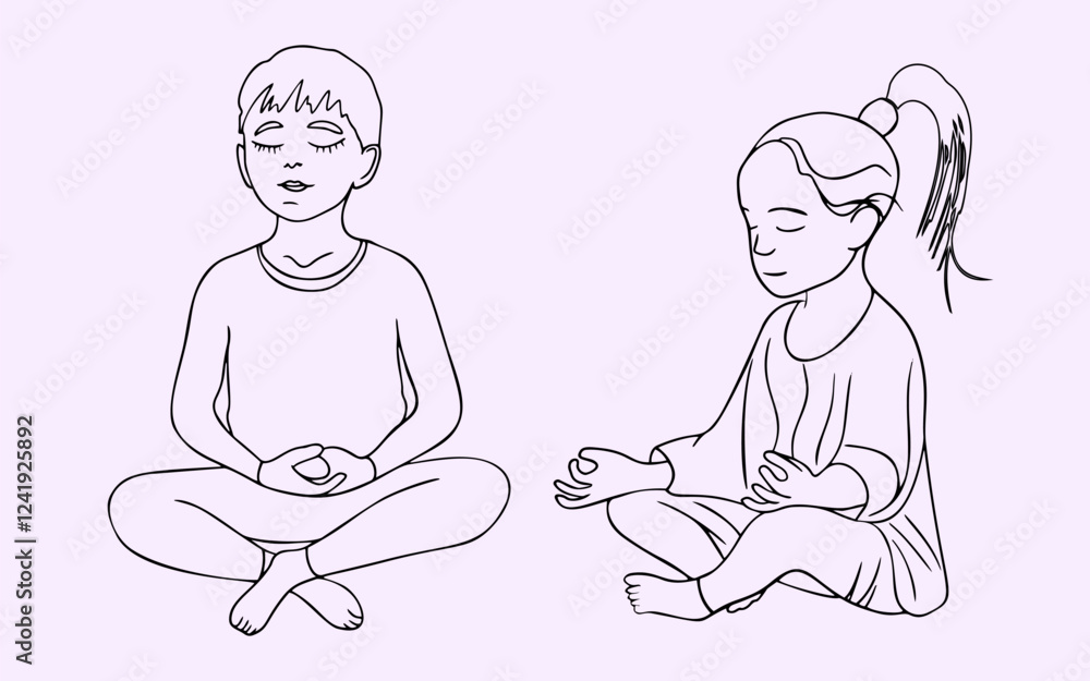 Line drawing of meditating children. Yoga relaxation, meditation. lifestyle. Vector illustration Line drawing of meditating children. Yoga relaxation, meditation. lifestyle. Vector illustration