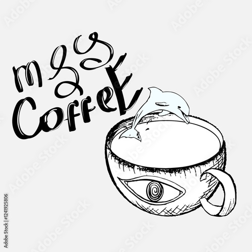 Coffee illustration in the style of a freehand drawing. Quick sketch. Dolphin in a cup of coffee. A sign for a cafe. Design, logo, poster. Vector illustration.