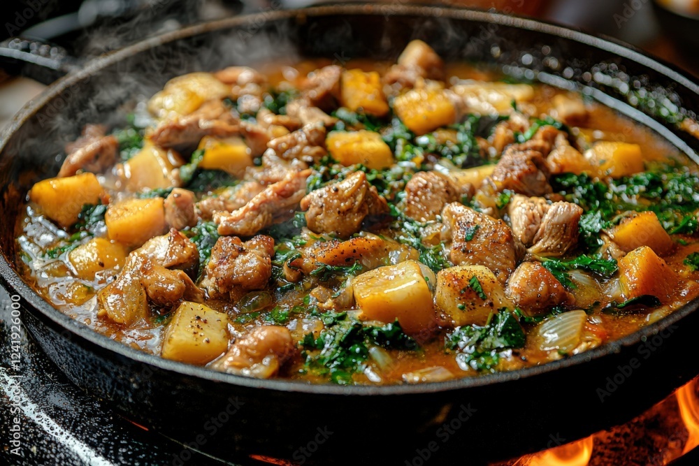 Savory Chicken and Vegetable Stew with Herbs in Cast Iron Skillet Savory Chicken and Vegetable Stew with Herbs in Cast Iron Skillet
