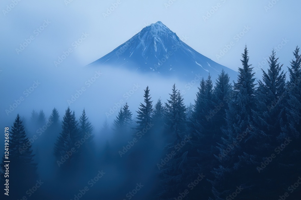 Majestic Snow-Capped Mountain Surrounded by Dense Foggy Forest Majestic Snow-Capped Mountain Surrounded by Dense Foggy Forest