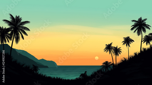 A mesmerizing sunset over a quiet tropical beach, where the dark silhouettes of palm trees contrast beautifully with a retro pastel sky in hues of pale yellow, soft tangerine, and