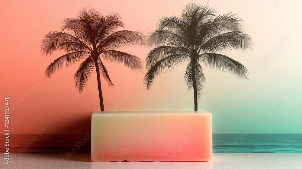 Fototapeta premium A dreamy tropical evening where palm trees stand silhouetted against an artistically blended sunset of faded rose, teal green, and soft caramel tones, evoking a nostalgic summer vi