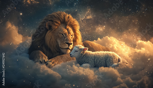 lion and lamb together, christianity Jesus symbolism concept, bible and religion