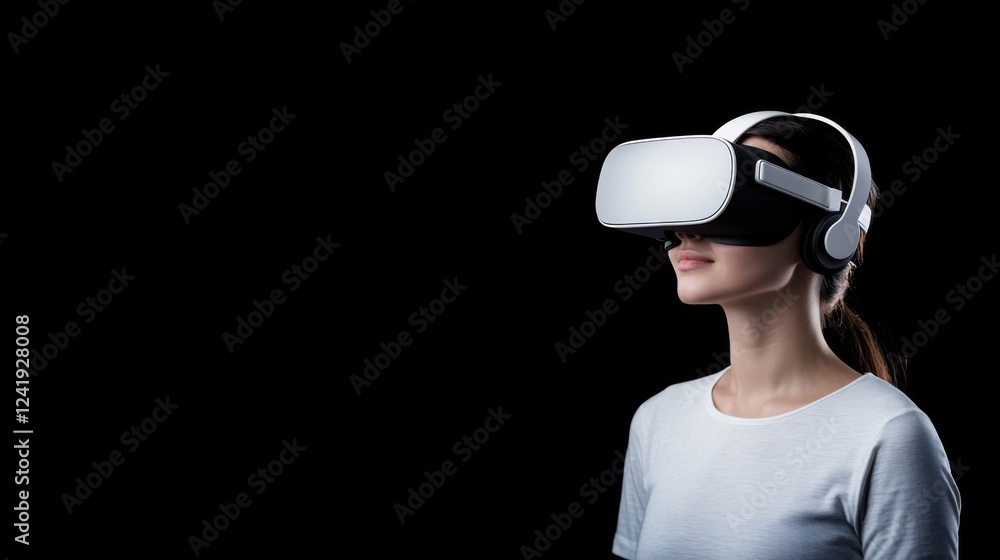 Young Woman Engaged in Virtual Reality Experience with Headset on Black Background Young Woman Engaged in Virtual Reality Experience with Headset on Black Background