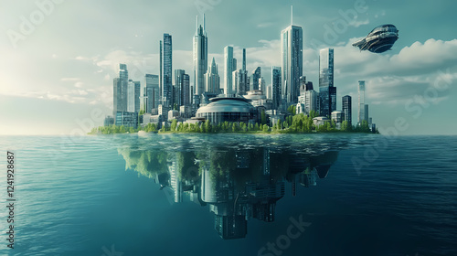 Underwater futuristic cityscape with submersible homes and spaceship - 3d render illustration - sci-fi - digital art. Underwater Worlds. Illustration photo