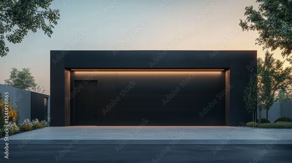 A modern garage in deep charcoal black, minimalist, LED frame lighting, soft sunset gradient background A modern garage in deep charcoal black, minimalist, LED frame lighting, soft sunset gradient background
