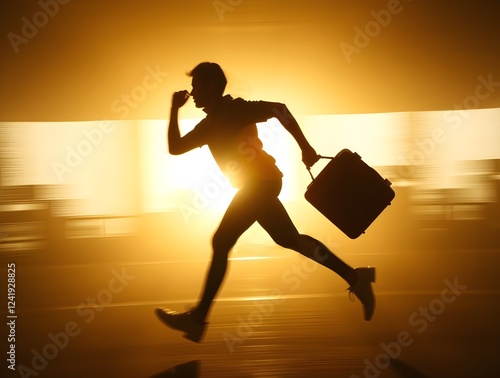 Silhouette of a man running with a bag  photo