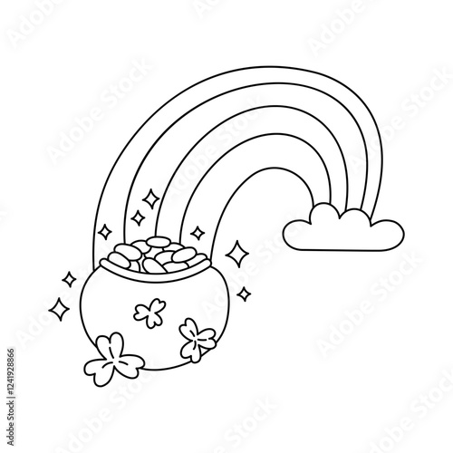 Pot of gold and rainbow vector doodle illustration. Leprechauns pot full of coins. St Patricks Day symbol. Irish holiday folklore object. Patricks Day March 17 design element