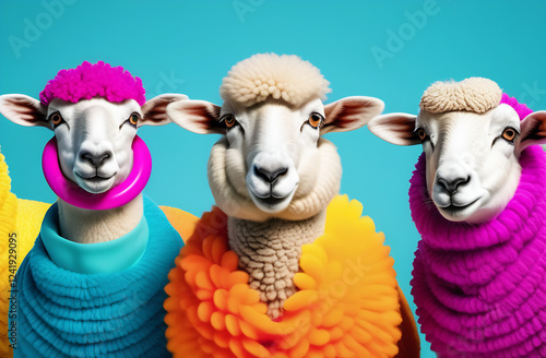 Group of pets sheep in funky wild colourful outfits, birthday party